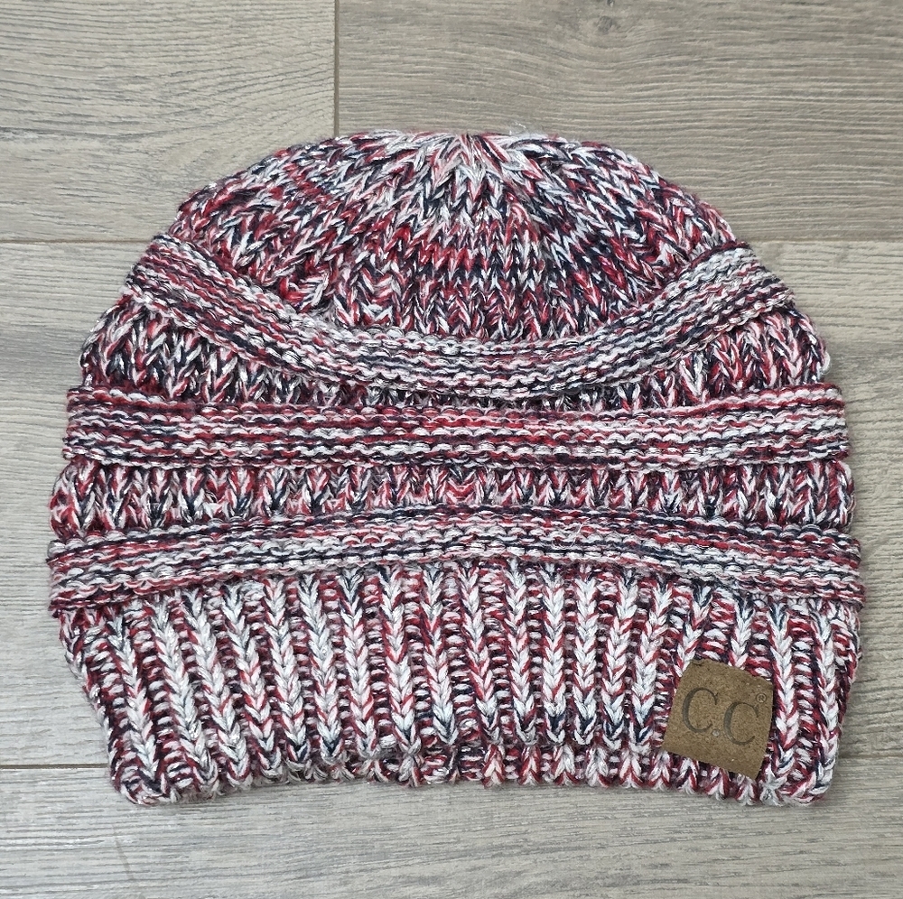 CC Beanie Stocking Hat Red Black Metallic Silver EUC Winter Preppy Outdoor